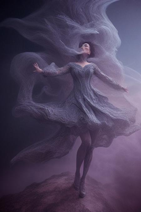 surreal, waltz of fractal smoke over the abyss, fantasy smoke, dresses and stars, dynamics, movement, wind, colorful, intricate details, perspective, hyper-detailed, hyper-realism, professional photoshoot