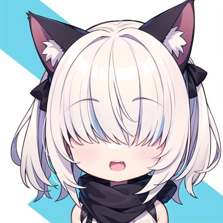 1girl, (chibi:1.4), BREAK, smile, open mouth, wavy mouth, upper body, BREAK, cat ear, 
(white) blonde hair, medium hair, messy hair, blue eyes, hair between eyes, <lora:flat2:-0.3>
BREAK, <lora:mekakure_v110:1>, hair over eyes, 