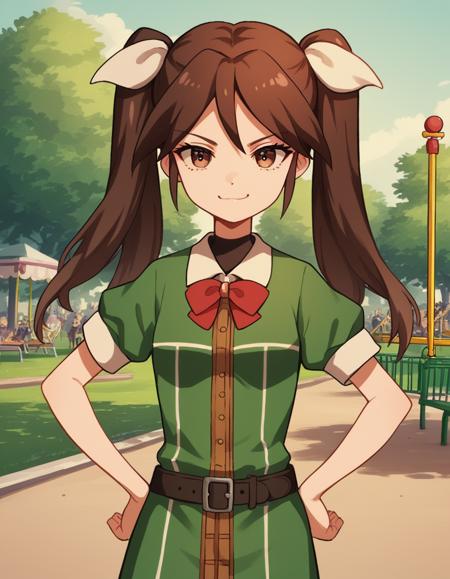 tone, long hair, brown hair, ribbon, twintails, brown eyes, hair ribbon, white ribbon, single elbow glove, school uniform, shirt, green shirt, belt, bowtie, red bowtie, short sleeves, dress, green dress,