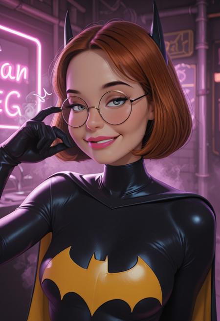 solo,1girl,meg griffin,seductive smile, hair flick, bob cut,brown hair,round eyewear,glasses,pink lips,short hair, steam,neon lights, batgirl costume,