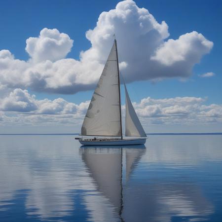 landscape of the calm sea shimmering with cumulus clouds, Bluenose sailboat,