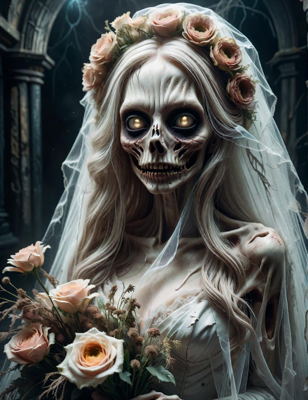 A skeleton bride with a bouquet of roses and a veil.