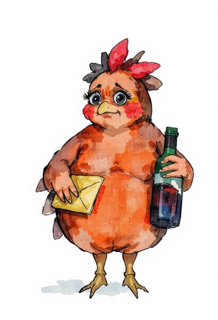 Jedwtclr, watercolor art. watercolor image. a plump, sad, brown female hen looking unkempt with a hangover after a night of heavy drinking. Ruffled feathers. Make-up smeared, looking sick, gold clutch bag, big false eyelashes, she holds a half-empty bottle of red wine. Plain background.