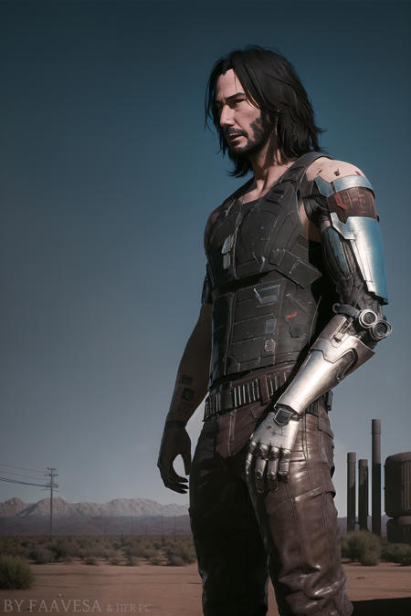 side view of johny_silverhand, [[keanu reeves]], ground shot, mechanical parts, dramatic, messy hair, desert field, industrial junk, dark evening, lonely, artstation, 8k, deep focus
<lora:johny_silverhand-000011_v2:0.9>