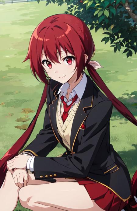 akane sakurada, flat chest, red eyes, red hair, very long hair, low twintails, hair ribbon, white shirt, red skirt, red necktie, loafers, black  long socks beige sweater vest black blazer