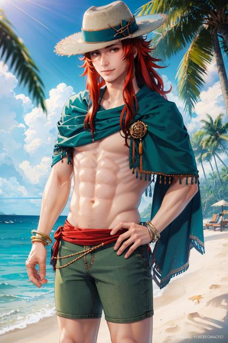 masterpiece, best quality, sumJoshua, straw hat, green shawl, bare chest, green shorts, bracelet, sandals, cowboy shot, partially submerged, ocean, beach, sand, smile, looking at viewer <lora:fejoshua-nvwls-v1-000009:1>