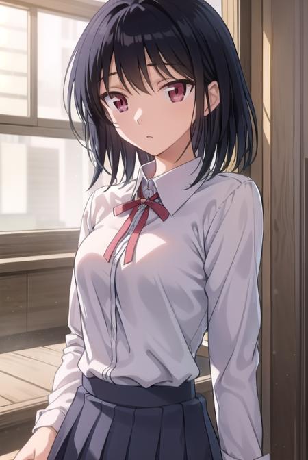 yakumotsukamoto, <lora:yakumo tsukamoto s2-lora-nochekaiser:1>,
yakumo tsukamoto, short hair, black hair, (red eyes:1.3),
BREAK skirt, shirt, long sleeves, bow, ribbon, school uniform, white shirt, pleated skirt, collared shirt, bowtie, red ribbon, neck ribbon, red skirt,
BREAK indoors, classroom,
BREAK looking at viewer, (cowboy shot:1.5),
BREAK <lyco:GoodHands-beta2:1>, (masterpiece:1.2), best quality, high resolution, unity 8k wallpaper, (illustration:0.8), (beautiful detailed eyes:1.6), extremely detailed face, perfect lighting, extremely detailed CG, (perfect hands, perfect anatomy),