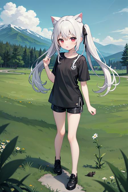 (((masterpiece))), best quality, illustration, 1girl with light white long hair, beautiful detailed red eyes, light white long straight hair, (cute), (petite), slim, solo, solo focus, standing, full body, cat ears, twintails, pure black shirt, shorts, sky, grass, mountains