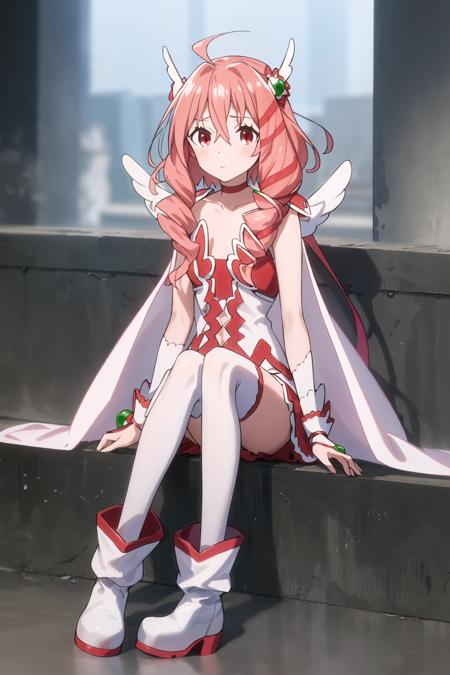 madoi white thighhighs white footwear ankle boots fingerless gloves hair ornament red choker cape wings drill hair pink hair red eyes