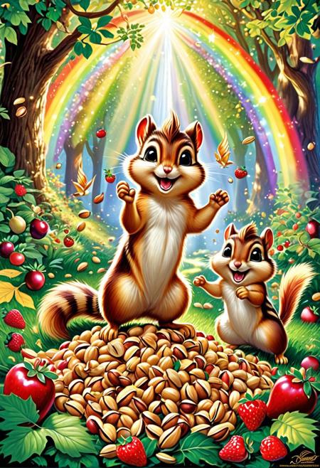 whimsical fun enchanting aura of unicorns and rainbows depict this magnificent masterpiece artwork of chipmunks frolicking in the cornucopia of nuts, berries and  leafs, epic 80s axtion poster art by Drew Struzan and Jim Davis