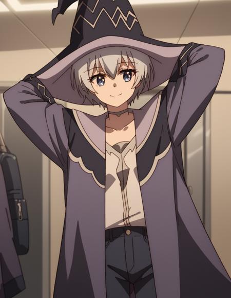 miyabi kuromiya, short hair, bangs, blue eyes, hair between eyes, grey hair, shirt, long sleeves, hat, collarbone, white shirt, pants, wide sleeves, coat, black headwear, witch hat, robe,