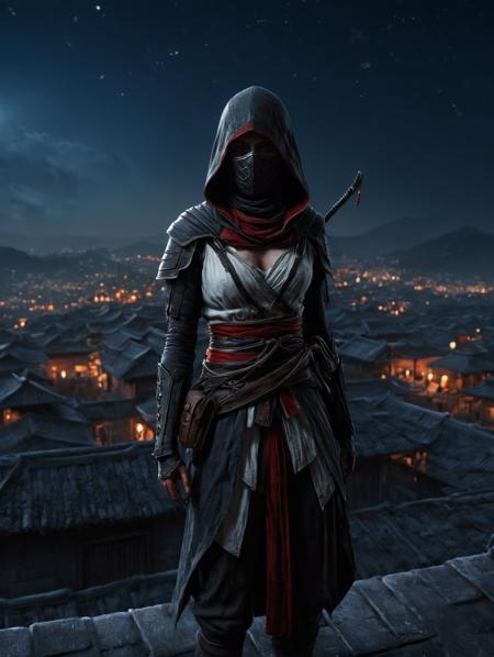 ((8K,hyper detail, realistic)) a realistic image reminiscent of Assassin's Creed set in the Joseon Dynasty, featuring a female assassin standing on a rooftop at dusk. The scene is imbued with a mystical atmosphere, heightened by the assassin's blindfolded hood. Her attire, predominantly white with striking red accents, includes a garment that exposes her décolletage, enhancing her feminine allure. Despite the dim moonlight obscuring her silhouette against the nighttime backdrop, her beauty shines through unmistakably. Below, the city is cloaked in darkness, illuminated only by flying lanterns and distant stars. The image captures a moment of indescribable anticipation as the assassin awaits her next move under the veil of night. ral-dissolve <lora:perfect feet:1> ,<lora:Perfect Hands v2:1>, <lora:add-detail-xl:1>  <lora:ral-dissolve-sdxl:1>