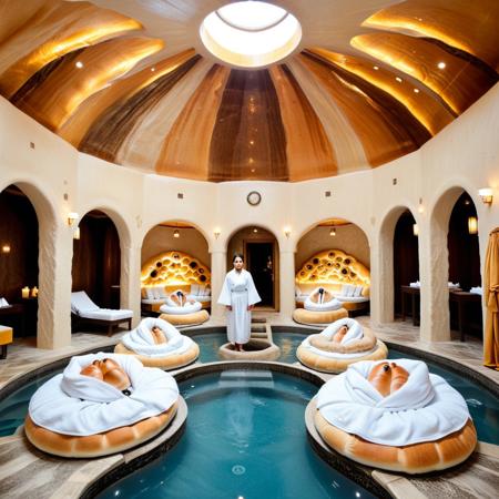 a luxury spa built inside a mountain of buns, floors made of steamed sponge layers, hot springs bubbling with syrup, guests wrapped in sugar-fabric robes, walls adorned with caramel drizzle patterns, ceiling domed like a golden crust, Buns