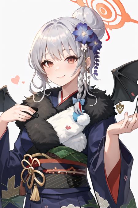 best quality, masterpiece, highres, solo, {haruna_bluearchive:1.15}, red_eyes, halo, braid, smile, wings, bangs, long_hair, grey_hair, blush, breasts, bow, white_hair, hair_bow, 1girl, blue_bow, flower, hair_bun, hair_flower, hair_ornament, japanese_clothes, kimono, official_alternate_costume, single_hair_bun, looking_at_viewer, upper_body, fur_collar, portrait, white_background, fur_trim, single_wing, black_wings, simple_background