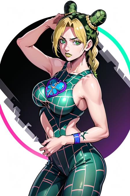 jolyne,  cute,  clothed,  1girl,  solo,  blonde hair,  black hair,  green hair,  detailed,  /white background/,  braided ponytail,  green eyes, full body,  character focus,  large breasts,  main outfit,<lora:EMS-260993-EMS:0.800000>,<lora:EMS-206414-EMS:0.200000>