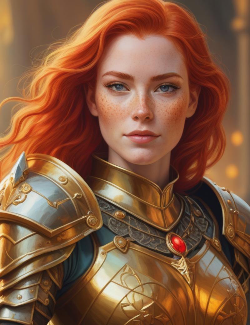 A red-headed woman wearing a gold armor, with a red gem in the center.