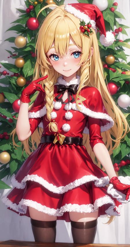 ((masterpiece,best quality)), 1girl, ,solo,long hair,very long hair, blush,looking at viewer,blue eyes,blonde hair,skirt,thighhighs,bangs,hair ornament,ribbon,gloves,dress,bow, indoor ,hair ribbon,black legwear,hair between eyes,standing,braid,ahoge, happy, smile, zettai ryouiki,hand up,single braid,capelet,fur trim,black ribbon,red skirt,red dress,christmas,santa hat,santa costume,side braid,pom pom (clothes),red gloves,red headwear,sack,iris <lora:iris_konosuba:0.8>