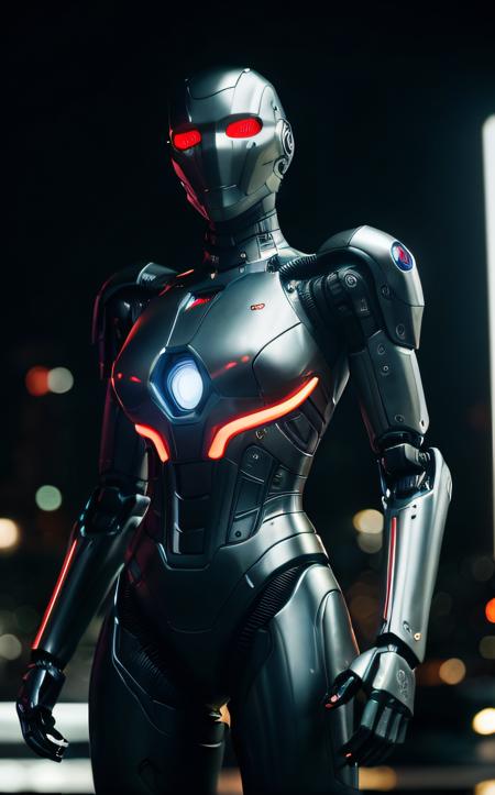 cinematic film still robot, mechanical arms, robot joints, (top-quality, 8K, masterpiece:1.3) A photo of a sleek, futuristic robot, dancing, wearing a metallic suit, in a cyberpunk cityscape taken with a wide-angle lens highly detailed, detailed skin, glowing neon lighting . shallow depth of field, vignette, highly detailed, high budget, bokeh, cinemascope, moody, epic, gorgeous, film grain, grainy