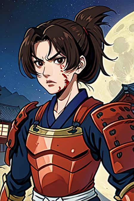 Samanosuke,black eyes, brown eyes, ponytail, 
red japanese armor , blood on armor, serious, 
standing,solo,  upper body,  cowboy shot, 
Japanese building, nighttime,moon,Sengoku period, 
(insanely detailed, beautiful detailed face, masterpiece, best quality) 
 <lora:Samanosuke:0.8>