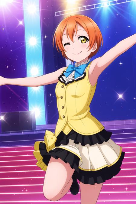 (masterpiece, best quality), 1girl,
<lora:Rin_Hoshizora_Mistoon_Dim256_Alpha256_Locon:0.6>, rin hoshizora, yellow eyes, orange hair,
smile, one eye closed, stretching, stepping,
idol, stage, spotlight, frills, sparkle,