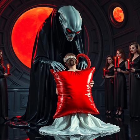high-society elegant slender norvegian rich innocent young bride kneeling at whorish red glossy foil pillow from behind. She is ensnared by a towering, gray human-like alien, draped in a long, glossy black slime cloak, its eyes gleaming red with an otherworldly intensity.   its hands make her suckn its red thick slimy tentacle. Surrounded by strict ladies wearing  glossy satin dominatrix attire and glossy high heels,  holding red candles.   weird wet-look black slime  walls and floor, colossus observation blister to outer space full of stars, bright red moon, vintage-inspired makeup, long hairs, ultra thin waist, evil grin, porcelain skin, lipstick, red nails, in the style of a haunting, retro-futuristic 1950s sci-fi nightmare, horror, alien space base,,