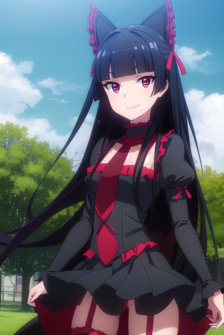 rorymercury, <lora:rory mercury s1s2-lora-nochekaiser:1>,
rory mercury, long hair, black hair, (red eyes:1.3), bangs, blunt bangs, hime cut, smile,
BREAK thighhighs, bow, ribbon, hair ribbon, garter straps, dress, black dress, puffy sleeves, frills, detached sleeves, necktie, red necktie, lipstick, purple lipstick,
BREAK outdoors, nature, forest, grass, sun, sky, clouds, grass,
BREAK looking at viewer, (cowboy shot:1.5),
BREAK <lyco:GoodHands-beta2:1>, (masterpiece:1.2), best quality, high resolution, unity 8k wallpaper, (illustration:0.8), (beautiful detailed eyes:1.6), extremely detailed face, perfect lighting, extremely detailed CG, (perfect hands, perfect anatomy),