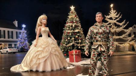 Christmas scene
AND  <lora:Barbie_Doll:1> Barbie long blonde hair, wearing dress, Christmas scene
AND  <lora:GI-Joe:1> GI-Joe wearing ugly Christmas sweater, Christmas scene