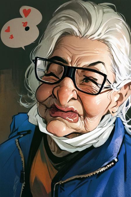 1lady, grandmother, caricature, solo, portrait, simple background, glasses, mask down, forehead, asian <lora:caricature_v2:1>