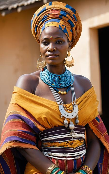 (style of Seydou Keïta), [Nubian:West African:0.5] theme, a majestic Nubian woman standing proudly in a vibrant West African setting, adorned in ((luxurious traditional attire)), floor-length gown rich in geometric patterns and bold colors, wide sleeves, intricately beaded bodice, layered necklaces made of gold and precious stones, a headwrap with elaborate folds, showcasing the richness of West African textiles, her skin glowing, adorned with subtle traditional face paint highlighting her features, gold hoop earrings, her posture regal, a blend of cultural heritage and contemporary elegance, the background a lively market scene, colorful stalls displaying an array of fabrics and crafts, warm, golden sunlight casting long shadows, creating a harmonious interplay of light and color, a bustling atmosphere yet she remains the undoubted focal point, her gaze powerful and serene, embodying the essence of Nubian grace and West African vibrance