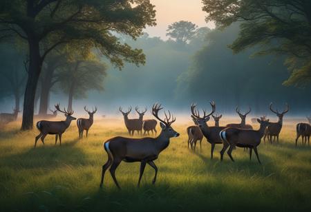 group of 20 deer, in the meadow early in the morning, big morning rush on the trees and grass, steam coming out of the deer's noses, rich and detailed colors, detail, night background, 8k, ultra sharp, ultra detailed, quality perfect, raw artwork, intricate details, ultra clean wallpaper with vibrant colors, art by Liam Wong