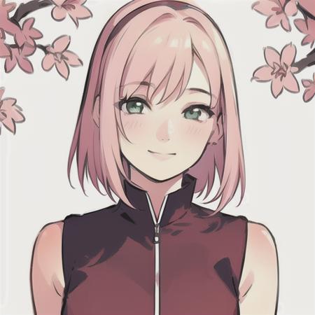 (masterpiece:1.2), best quality, masterpiece, highres, original, extremely detailed wallpaper, perfect lighting,(extremely detailed CG:1.2), drawing, paintbrush,1girl, black gloves, cherry blossoms, haruno sakura, looking at viewer, petals, red jacket, shirt, short hair, simple background, sleeveless, sleeveless shirt, smile, solo, upper body, white background,<lora:sakura:0.7>