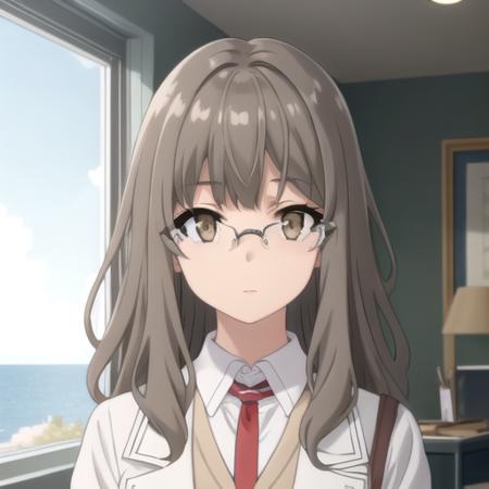 ((masterpiece)),(best quality),official art,extremely detailed CG,unity 8k wallpaper,ultra detailed,A lighthouse on a cliff by the sea,1girl,solo,upper body,(portrait:1.2),long_hair,glasses,labcoat,school_uniform,hands_in_pockets,looking_at_viewer,brown_hair,red_necktie,rimless_eyewear,brown_eyes,collared_shirt,pleated_skirt,black_skirt,white_shirt,brown vest,bangs,white socks,loafers,<lora:Futaba Rio(sby)>,