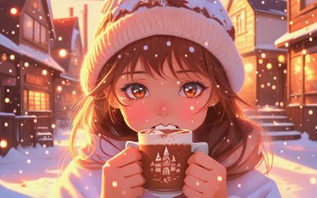 closeup cute anime girl in a cozy lively rustic village and drinking hot chocolate, winter, magical