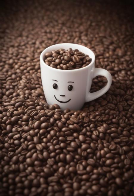 army of coffee beans with bean king attacking white cup, cinematic, beans with faces