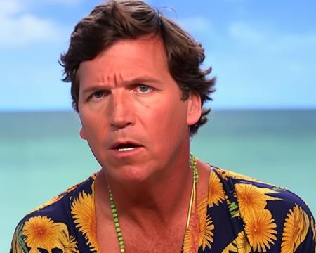 tuckercarlson person, (((wearing Sarong ))), and mascara,  (((at summer))). bloody nose,holding and looking at a ((meuse)) ((extremely confused facial expression)), photography. realistic photography. ((crying)) ((tears))