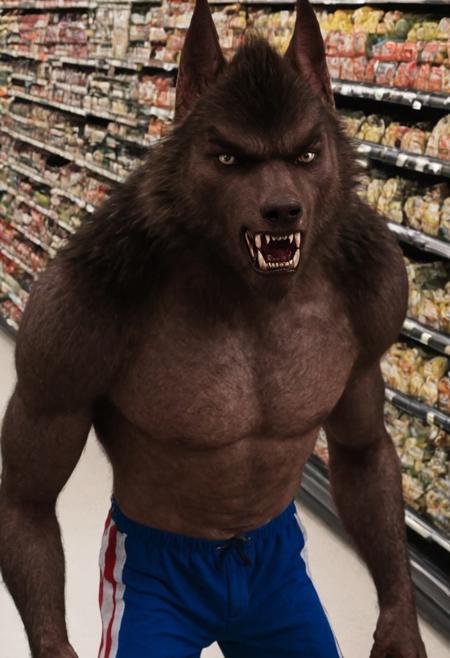 werewolf, werewolf of fever swamp, blue shorts, white and red stripes, claws, hand, fcNeg, front view, facing you, toe_claws, snarling, in a supermarket aisle, closeup