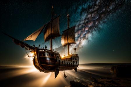 (absurdres, highres, ultra detailed), realistic style, 8k, exposure blend, medium shot, bokeh, high contrast,  low saturation,  3d render, cgi, symetrical, octane render, 35mm,  
 detailed background, milky way, nebula, moon, sun,  silver star constellations in background, backlighting,  ethereal atmosphere, extremely detailed CG unity 8k wallpaper, intricate details, (style-swirlmagic:1.0),   detailed background, close up,  detailed face, (gothic dark ages theme:1.1),  floating in the air, glowing magical shards, surrounded by blue magical crystals,  rock formations, stalactites,  magical floating particles, crystal glass,  crystal sphere, crystal canyon background, (shallow water:0.7),  epic ethereal atmosphere,   updraft, flying ship