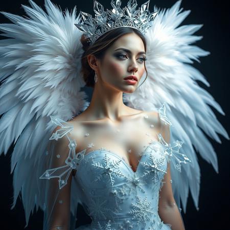 Avant-garde Christmas fashion, ethereal model in translucent crystalline gown resembling frozen waterfall, sweetheart neckline adorned with 3D snowflakes, floating geometric pieces of ice-like material around the dress, white feathered angel wings with metallic tips, crown made of illuminated crystal icicles, otherworldly atmosphere, high-end fashion photography, perfect lighting, 8k quality