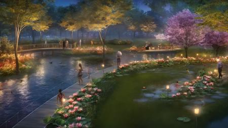 <lora:JJsLandscape_Render_XL:1>,  ((Landscape Render)), masterpiece, best quality, scenery, outdoors, tree,  sakura tree,real world location, grass, bush, walkway ,water, subject, high quality,  lamps , road, grass, ((night)) moon, sky,   water color, multiple girls, multiple boys, fense, water lily, fishs under water, flowers,fire flys,