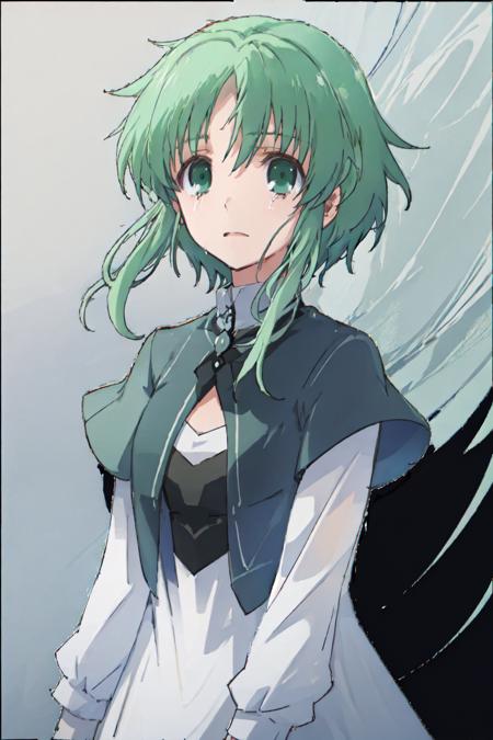 masterpiece,best quality,1girl, solo, looking at viewer, short hair, bangs, long sleeves, dress,<lora:Tiatto-000034:0.7>, green eyes, upper body, sidelocks, green hair, tears, capelet, crying, short hair with long locks, crying with eyes open, outline,full body, simple background