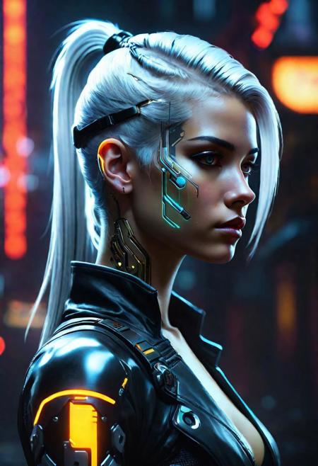 A cyborg 18yo woman with a neon face. white hair, ponytail, petite, Realistic digital art by Greg Rutkowski and Alphonse Mucha, Trending on Artstation, sci-fi horror, surrealist. Highly detailed masterpiece, dramatic lighting from the right side of her body in style of GTA V, dark, grim, moody, foggy atmosphere, golden ratio, cinematic composition, deep colours <lora:Details:0.85>, Security uniform