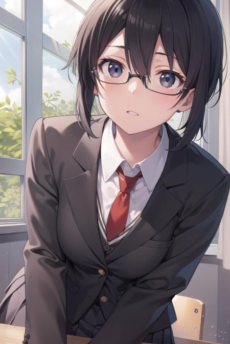 shinoasada, <lora:shinoasada-lora-nochekaiser:1>, 
shino asada, (black eyes:1.5), black hair, hair between eyes, hair ribbon, short hair, sidelocks, glasses, (small breast:1.2),
BREAK blazer, black jacket, black skirt, jacket, necktie, pleated skirt, red necktie, ribbon, school uniform, skirt, tress ribbon,
BREAK looking at viewer,
BREAK indoors, classroom,
BREAK <lyco:GoodHands-beta2:1>, (masterpiece:1.2), best quality, high resolution, unity 8k wallpaper, (illustration:0.8), (beautiful detailed eyes:1.6), extremely detailed face, perfect lighting, extremely detailed CG, (perfect hands, perfect anatomy),