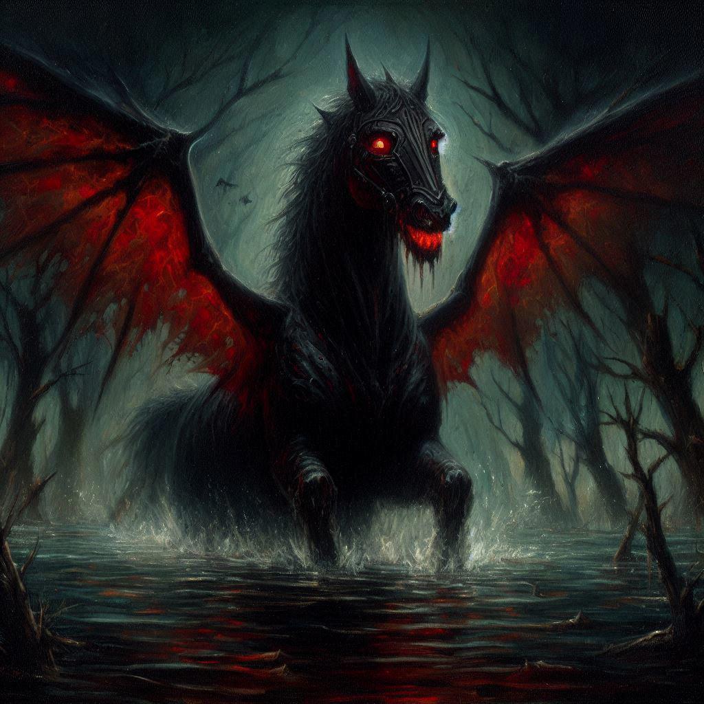 oil painting, spooky horse with demon wings and red glowing eyes emerging from a dark murky lake in a dark forest 