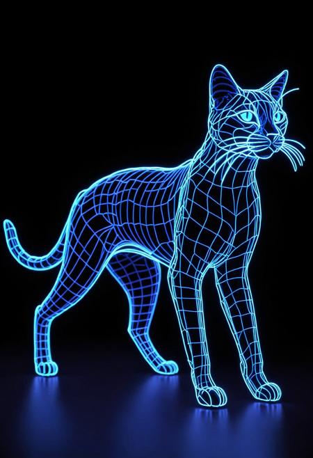 wireframe of a neon caT is walking across a black background with blue and purple lights on it's face and tail, artist, neon lighting, a hologram, holography