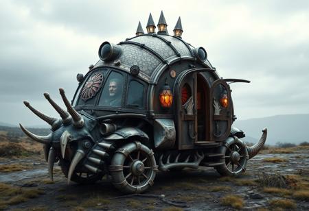 concept, a medieval styled motorhome, powered by magic crystals, themed and shaped like a snail, made up of various animal parts, includes bones shells fangs claws in its construction,