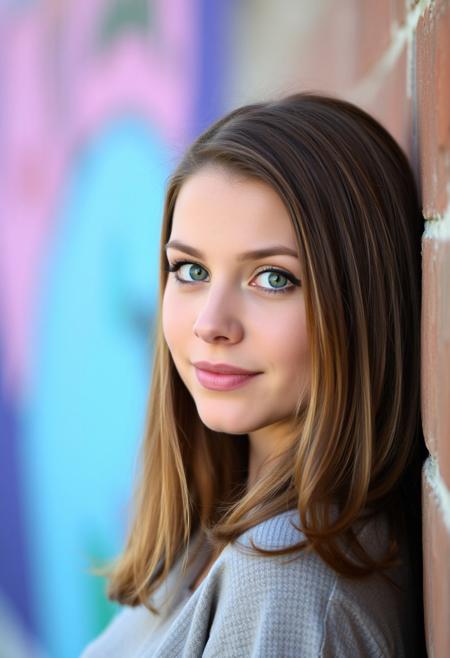Graduate student woman 22 years old, Caucasian, green eyes, shoulder length brunette hair, round face.
