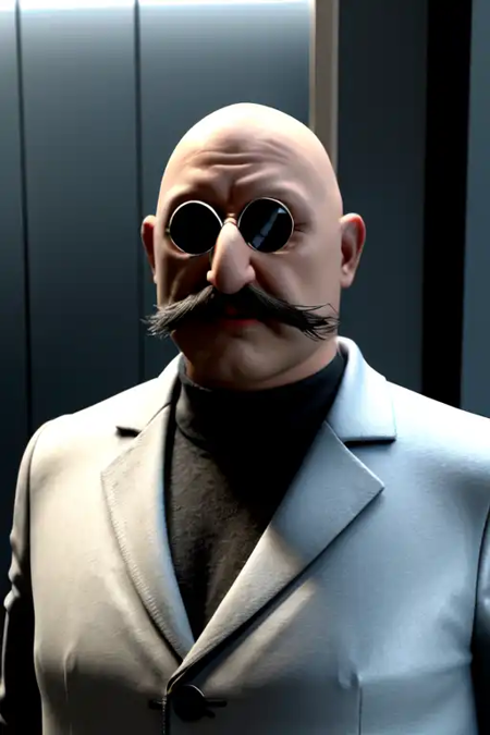Gerald Robotnik, bald, white moustache, white lab coat, blue tinted eyewear