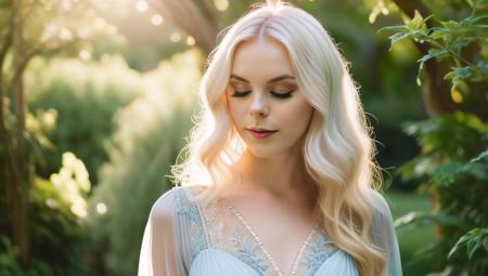 a beautiful young  woman open bleu eyes with flowing, light-colored hair, dressed in a delicate, semi-transparent dress made of lace or chiffon. She stands in a lush, sunlit garden with soft, diffused light filtering through the trees, creating a hazy, ethereal atmosphere. The background should be slightly blurred, enhancing the dreamlike quality of the image, with a warm, golden color palette that evokes a sense of nostalgia and gentle tranquility.", <lora:Beauty Girl SDXL:2.5>