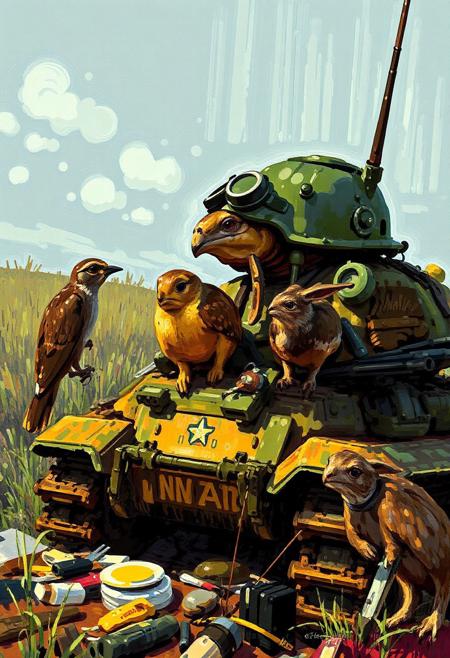 round brush drawing, intensifying made of tortoise in a derisive, misconceives, churning butter, late afternoon, with a military 50s helmet, with tank parts in his shell fighting in WWII with birds with plane parts, rabbits with train parts and moles with scavenger parts