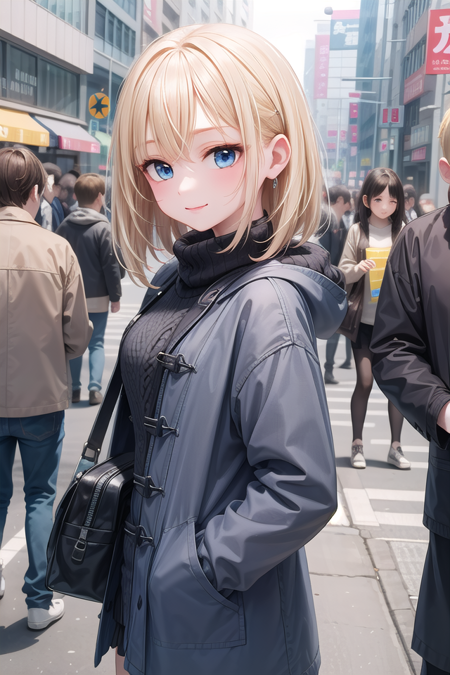 insanely detailed, absurdres, ultra-highres, ultra-detailed, best quality,
1girl, solo, nice hands, perfect hands
BREAK
duffle coat, (turtle neck sweater:1.2), Pleated skirt
BREAK
happy smile, laugh, closed mouth, standing,
(hands on own chest, arms up:-1.5), standing, cowboy shot
BREAK
slender, kawaii, perfect symmetrical face, ultra cute girl, ultra cute face, ultra detailed eyes, ultra detailed hair, ultra cute, ultra beautiful
BREAK
shibuya, akihabara, tokyo, street, crowd, cityscape
BREAK
(blonde medium hair, blue eyes), hair between eyes